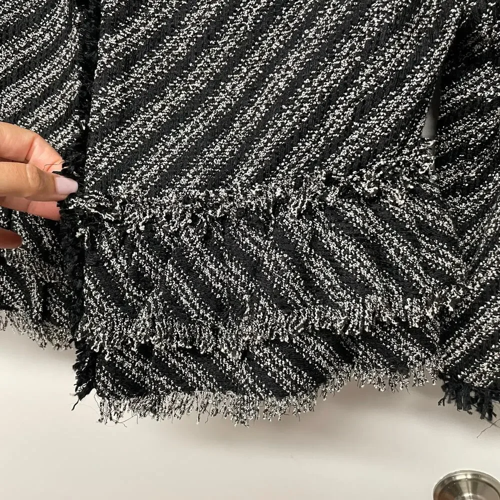 Ann Taylor Black White Striped Tweed Fringe Jacket Womens Size 8P Petite